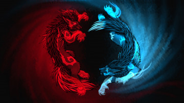 Картинка волки рисованные животные +сказочные +мифические синий красный