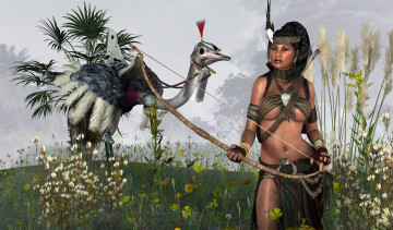 Картинка 3д+графика fantasy+ фантазия страус цветы девушка