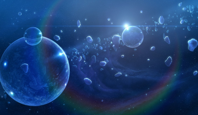 Обои картинки фото космос, арт, астероиды, радуга, звезда, пузыри