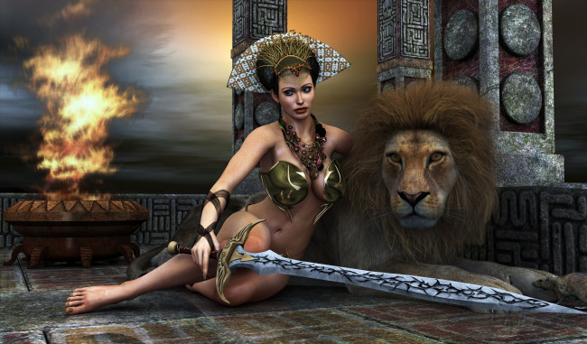 Обои картинки фото 3д графика, fantasy , фантазия, лев, меч, девушка