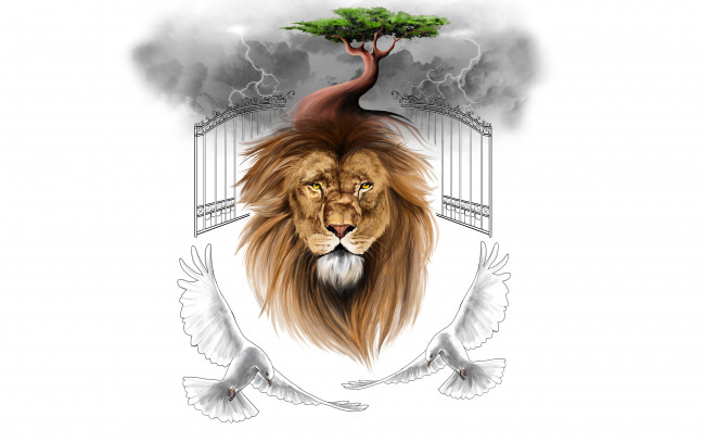 Обои картинки фото лев, рисованные, минимализм, ворота, голуби, тучи, молния, дерево, животное