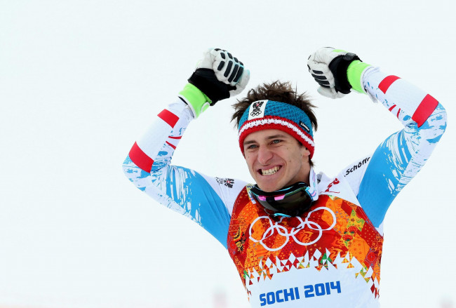 Обои картинки фото спорт, лыжный спорт, matthias, mayer, медалист, чемпион, радость, олимпиада, сочи, лыжник