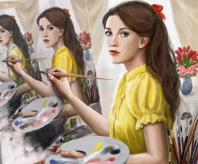 Картинка рисованное люди волосы художница взгляд девушка картина живопись краски кисть бантик