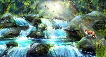 Картинка рисованное животные +лисы лиса птицы лучи природа камни водопад деревья