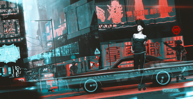 Обои картинки фото фэнтези, девушки, cyberpunk, punk, art, фантастика, улица, девушка, кот, машина