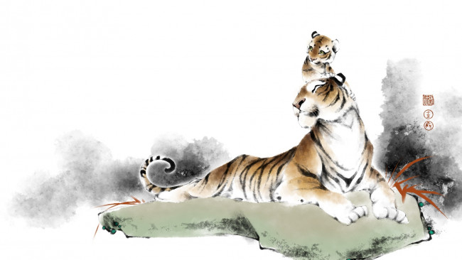 Обои картинки фото рисованное, животные,  тигры, семья, тигрёнок, тигр, природа