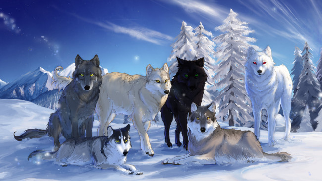 Обои картинки фото рисованное, животные,  волки, деревья, горы, волки, снег, природа, небо, зима