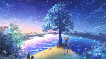 Картинка аниме животные +существа звёзды арт ночь небо природа