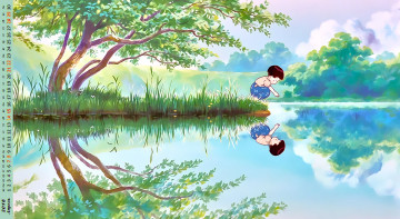 Картинка календари аниме девочка отражение водоем растения