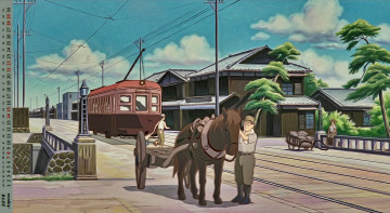 Картинка календари рисованные +векторная+графика лошадь трамвай люди здание