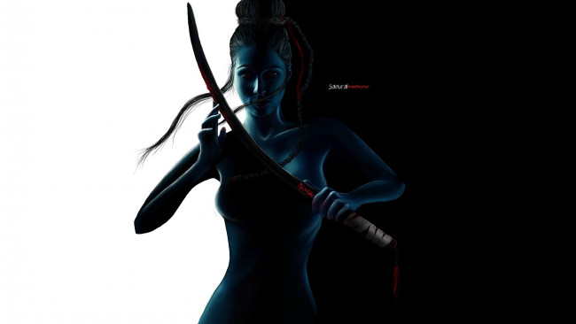 Обои картинки фото фэнтези, девушки, оружие, фон, девушка, samurai, взгляд