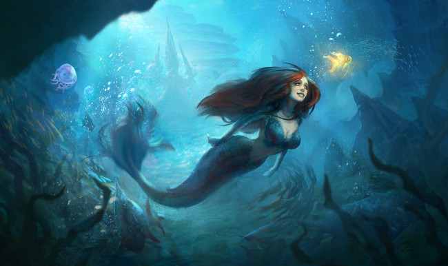 Обои картинки фото фэнтези, русалки, под, водой, русалка, золотая, рыбка, арт, mermaid, взгляд