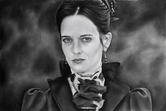 Обои картинки фото eva green, рисованное, люди, девушка, фон, взгляд