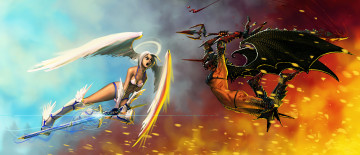 Картинка аниме ангелы +демоны девушки бой фон крылья оружие