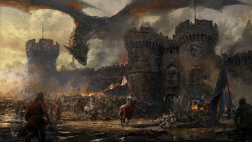 Картинка фэнтези драконы замок люди фон дракон