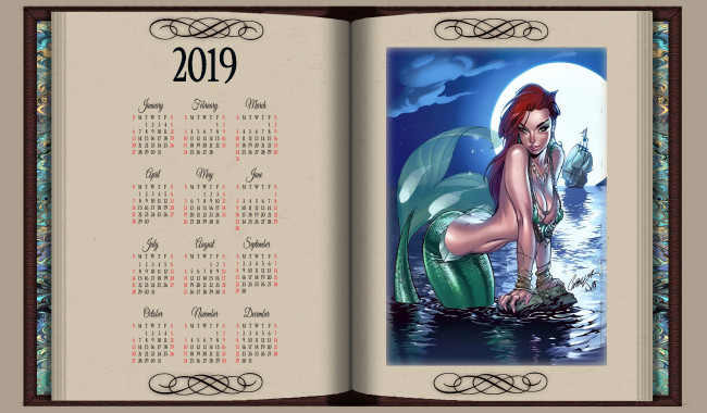 Обои картинки фото календари, фэнтези, водоем, русалка, парусник, луна, книга
