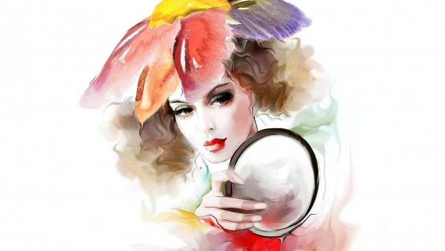 Обои картинки фото рисованное, люди, девушка, шляпа, зеркало
