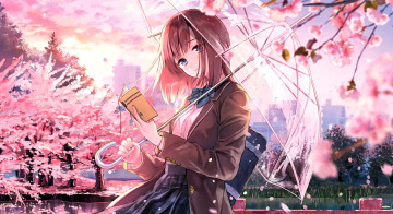 обоя аниме, unknown,  другое , девушка, зонт, книга, цветение