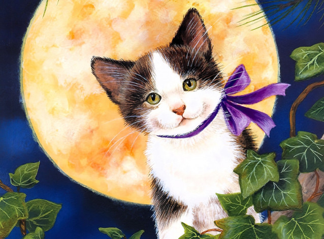 Обои картинки фото jane maday, рисованное, животные,  коты, кот, бант, листья, луна