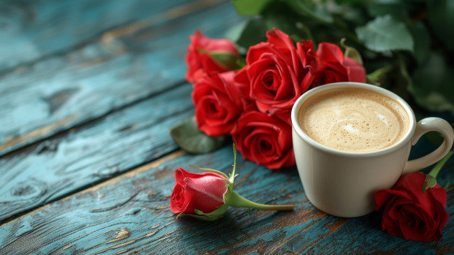 Обои картинки фото еда, кофе,  кофейные зёрна, розы, бутоны