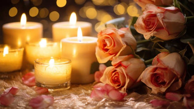 Обои картинки фото разное, свечи, цветы, праздник, подарок, розы, свеча, букет, бант