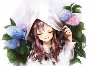 Картинка аниме headphones instrumental гортензия девочка цветы плащ капюшон наушники
