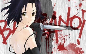 Картинка аниме baccano девушка нож оружие стена надпись пятна кровь