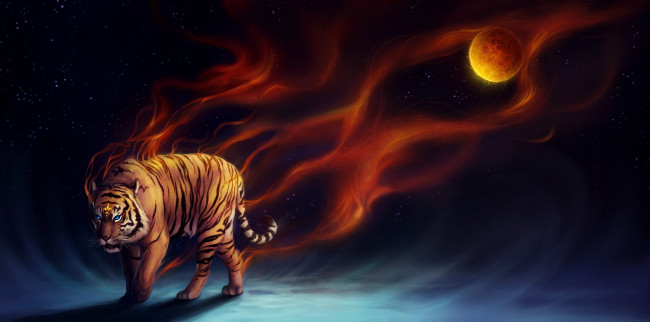 Обои картинки фото фэнтези, существа, тигр, планета, огонь