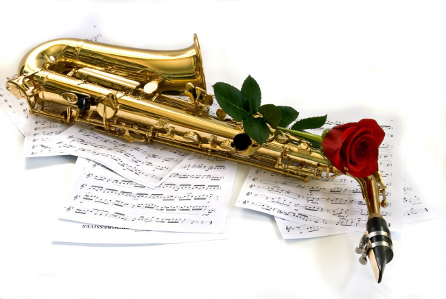 Обои картинки фото музыка, музыкальные, инструменты, ноты, саксофон, роза