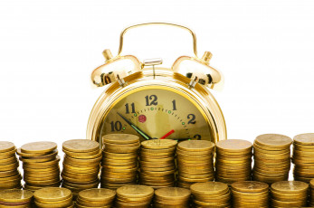 Картинка разное золото купюры монеты будильник часы стопки деньги