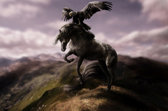 Картинка 3д+графика animals+ животные орел горы лошадь