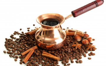 Картинка еда кофе +кофейные+зёрна бадьян корица джезва орехи зерна