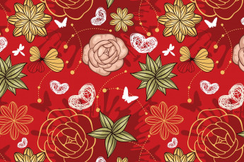 Картинка векторная+графика цветы+ flowers красный фон орнамент сердечки бабочки цветы