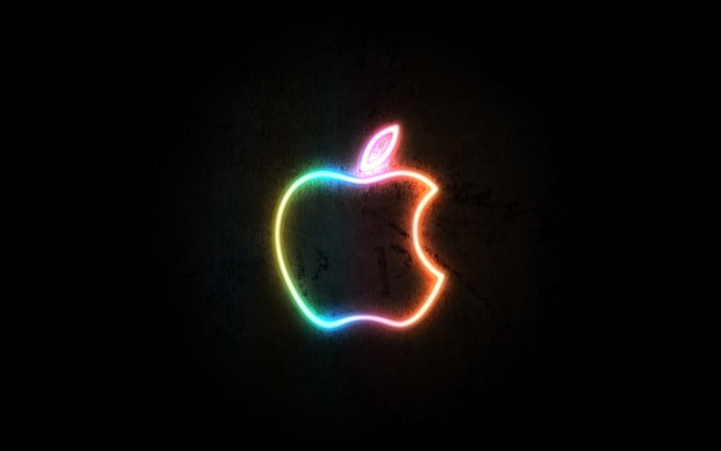 Обои картинки фото компьютеры, apple, логотип, яблоко, стена, свет, неон, черный, фон