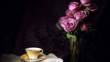 Картинка еда напитки +Чай розы букет чай лимон чашка