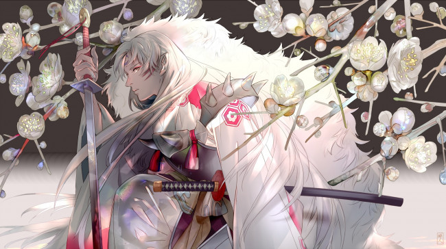 Обои картинки фото аниме, inuyasha, демон, длинные, белые, волосы, цветение, катана, сакура, ветки, плащ, sesshomaru, меч