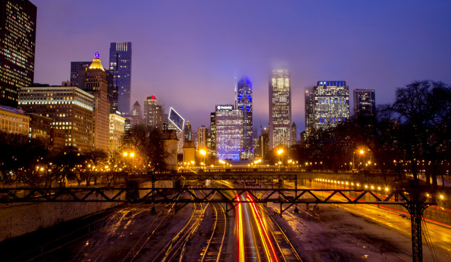 Обои картинки фото chicago skyline, города, Чикаго , сша, огни, ночь
