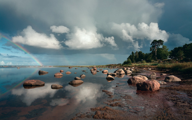Обои картинки фото природа, радуга, облака, камни, море