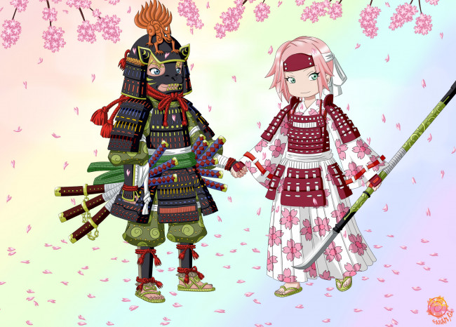 Обои картинки фото аниме, naruto, наруто, сакура, самураи, оружие, костюмы
