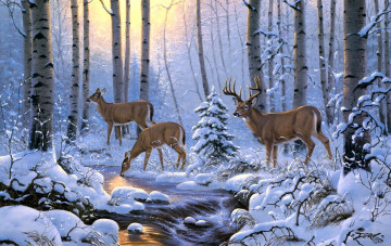 обоя рисованное, животные,  олени, зима, олени