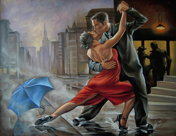 Обои картинки фото рисованное, люди, зонт, танец, мужчина, женщина