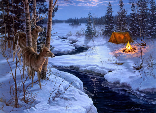 Обои картинки фото рисованное, животные,  олени, зима, олени