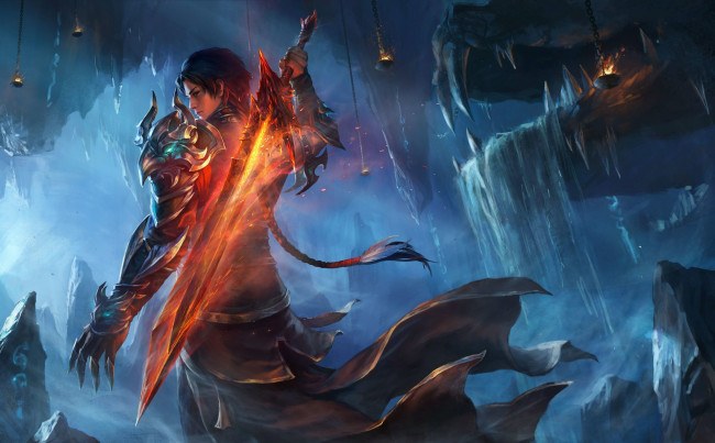 Обои картинки фото видео игры, ~~~другое~~~, парень, огонь, светильники, дракон, меч