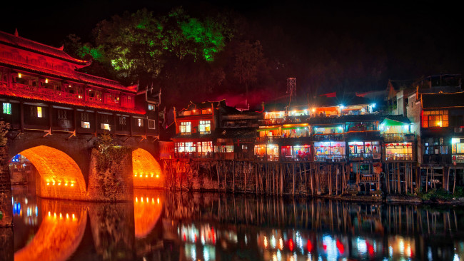Обои картинки фото города, - огни ночного города, фэнхуан, китай