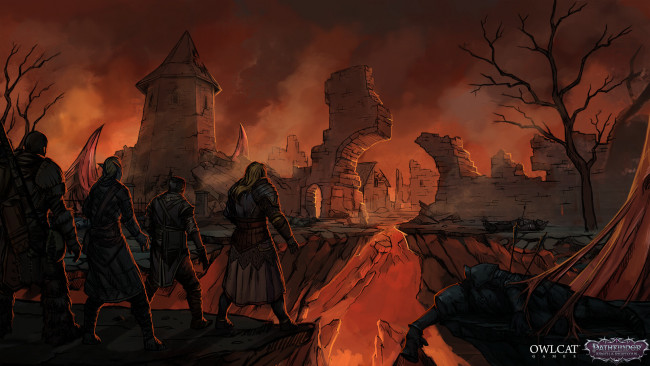 Обои картинки фото видео игры, pathfinder,  wrath of the righteous, воины, замок, пропасть