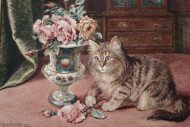 Обои картинки фото рисованные, wilson, hepple, ваза, котенок