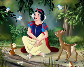 Картинка мультфильмы snow white and the seven dwarfs девушка птицы звери