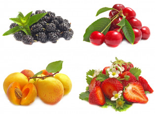 обоя еда, фрукты, ягоды, коллаж, вишня, клубника, смородина