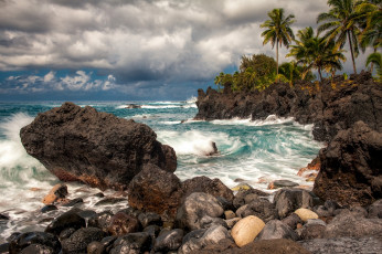 Картинка maui hawaii природа тропики пальмы мауи гавайи тихий океан скалы камни прибой