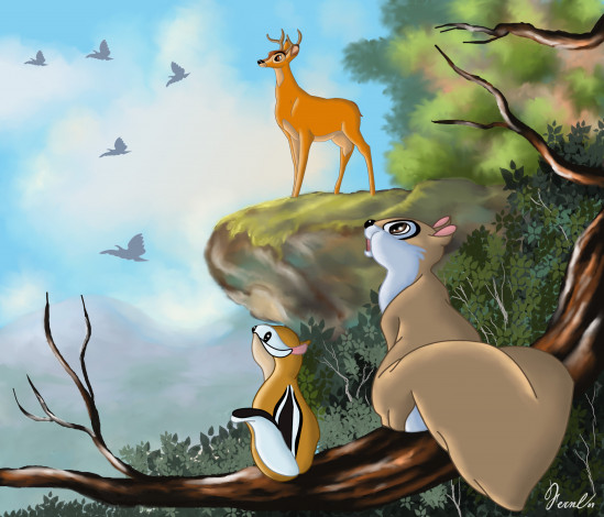 Обои картинки фото мультфильмы, bambi, олень, белка